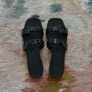 Gucci Black Chain-Accent Slide Sandals